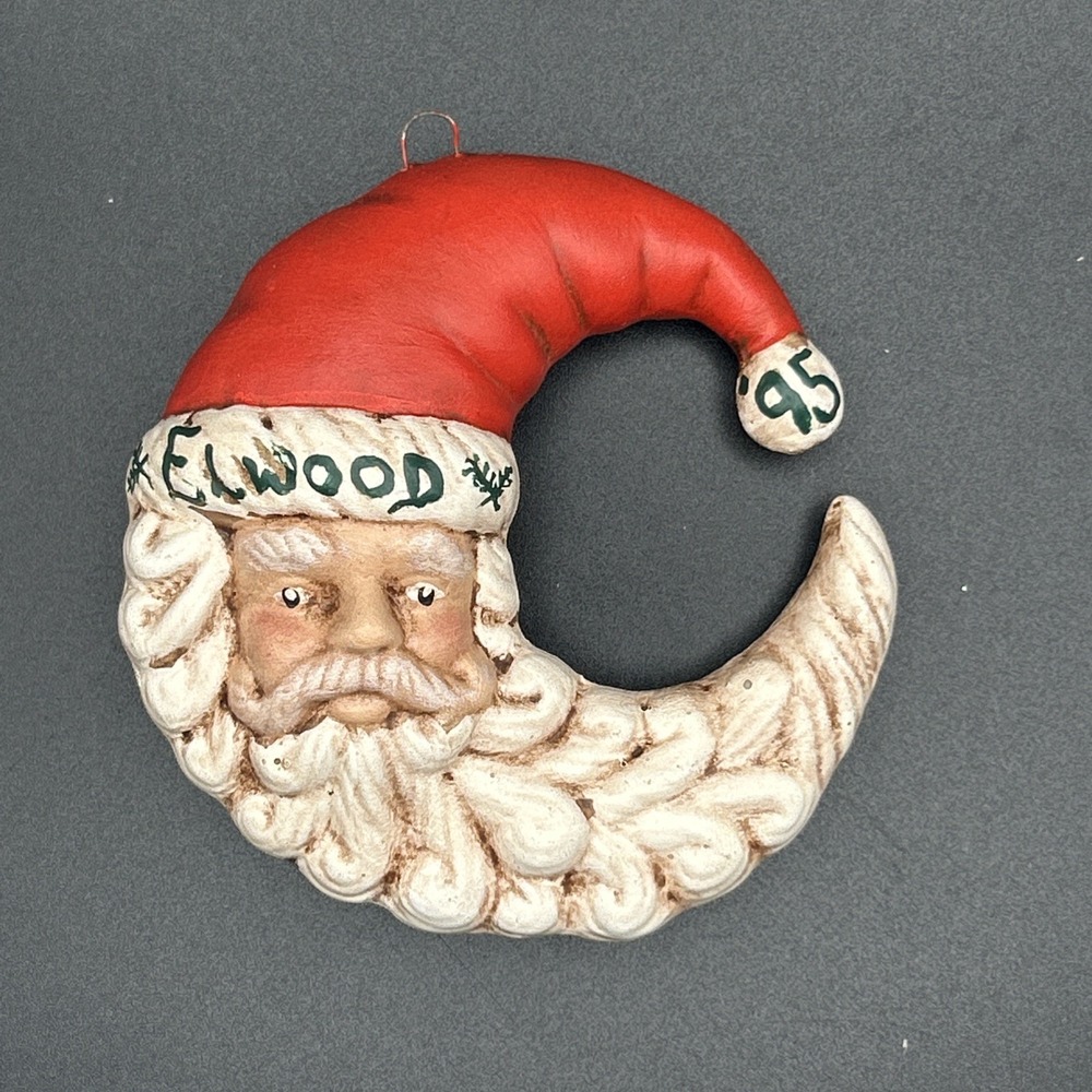 Santa Beard Christmas Ornament 1995 Molded Moon Ceramic Hand Painted Elwood